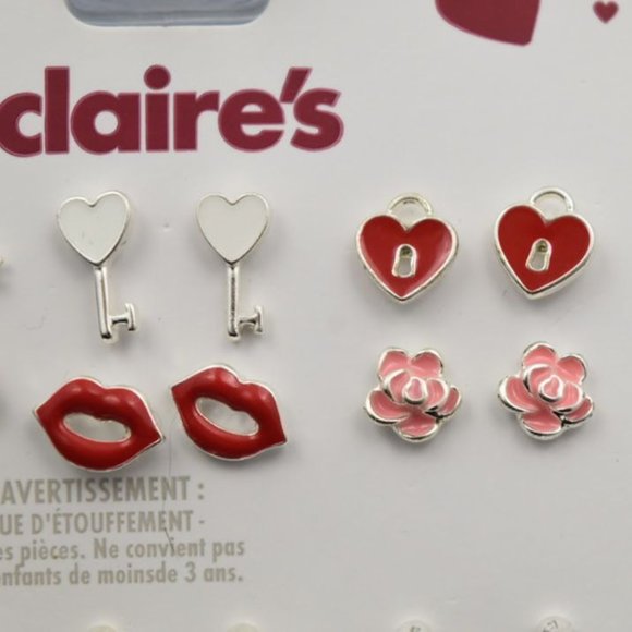 Claires Valentine Earrings Set of 9 Hearts Lips Key Lock Roses Love Stud Hoops - Picture 3 of 5